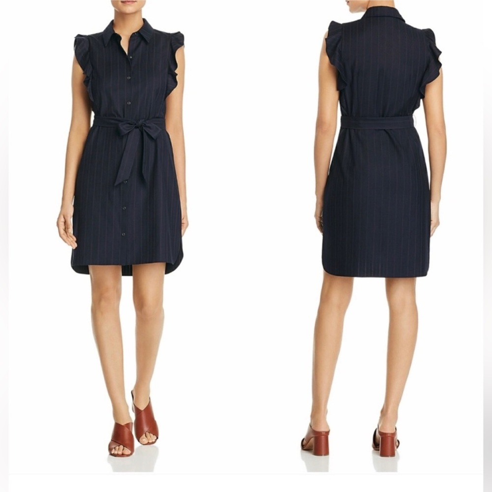 Pinstripe Short Wrap Navy Ruffle Dress Size 10 Collar T Tahari Midi Day Office